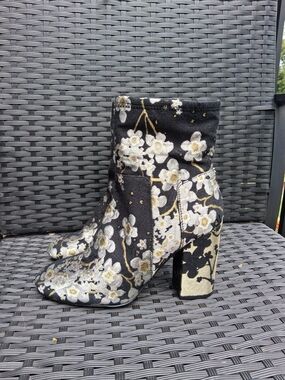 Nine West Quilby Floral Embroidered Ankle Boots with Gold Accents